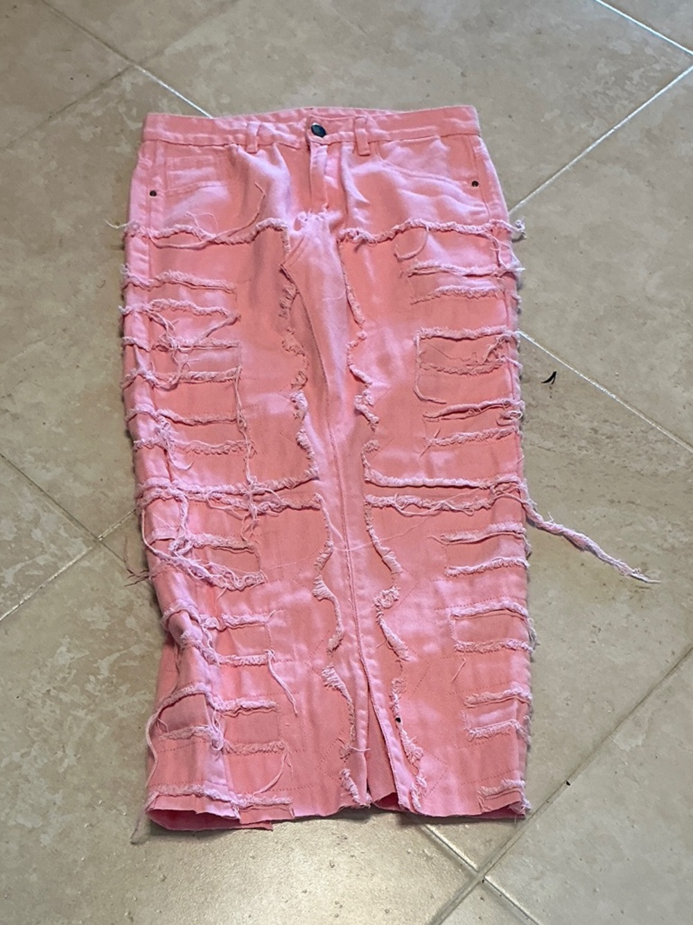 Pink Distressed Ripped Denim Midi Skirt